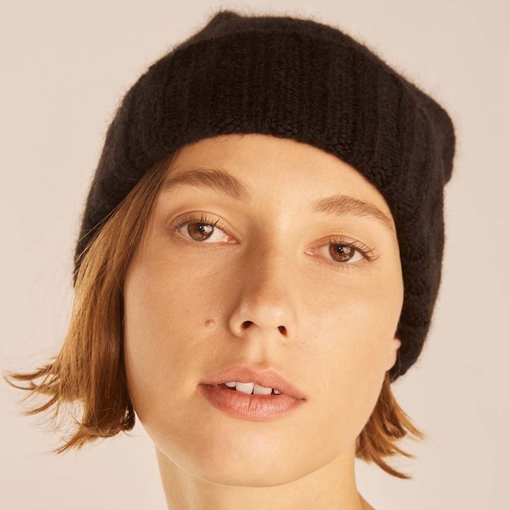 Rebecca Taylor Black Stitch Pom-Pom Beanie One Size